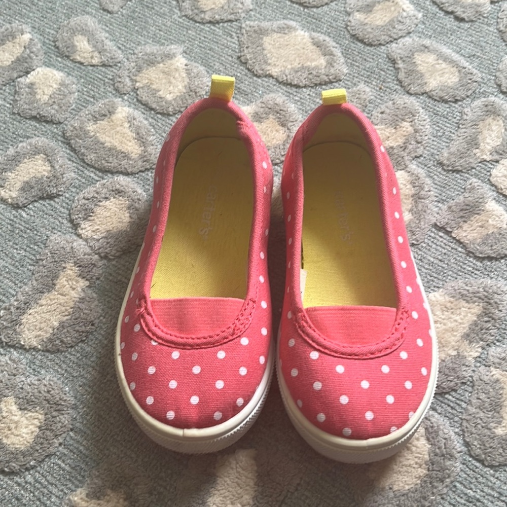 Carters pink polka dot canvas slip on shoes size 7
